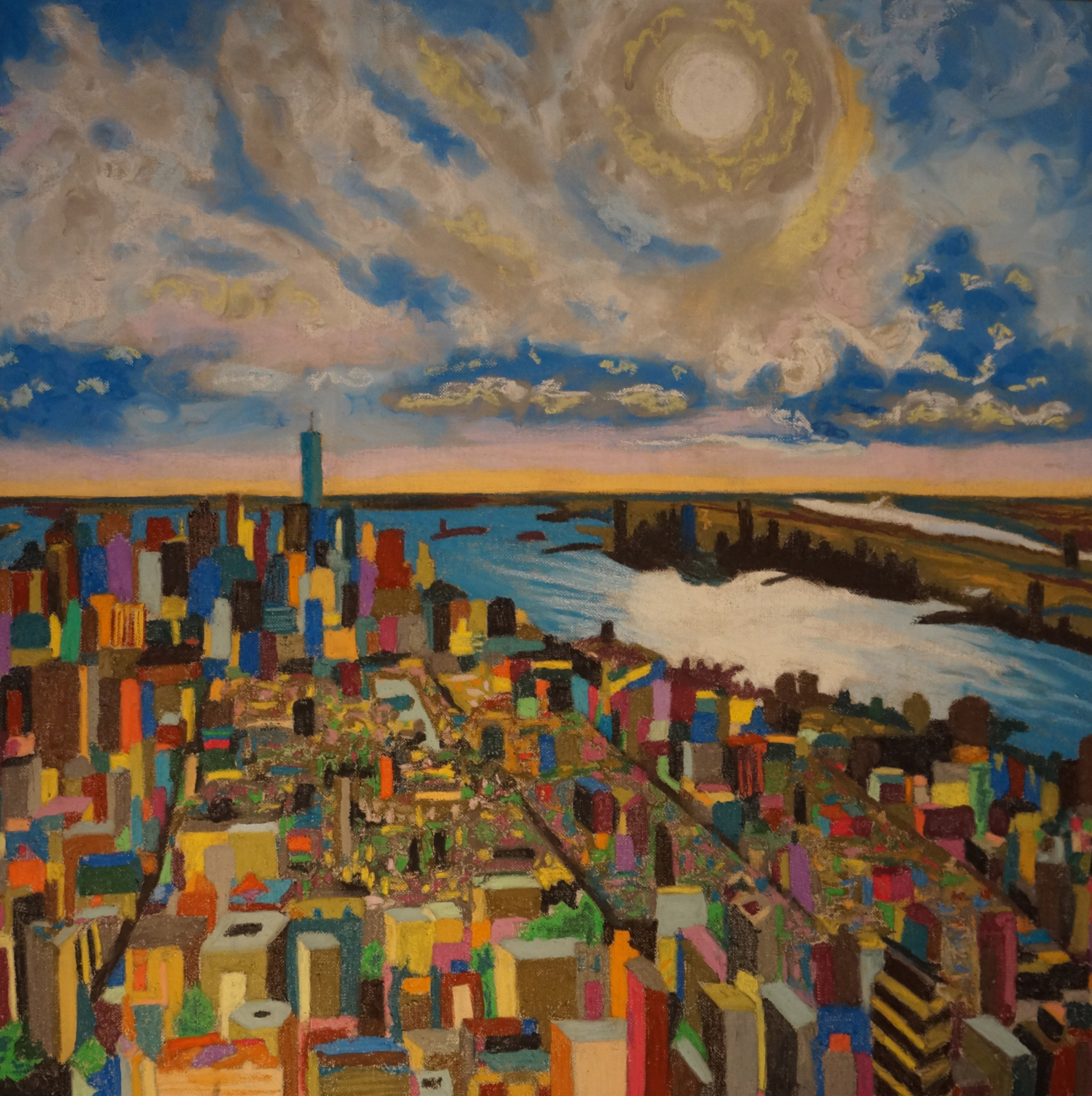 Pastel on linen contemporary painting of Manhattan and Hudson river.