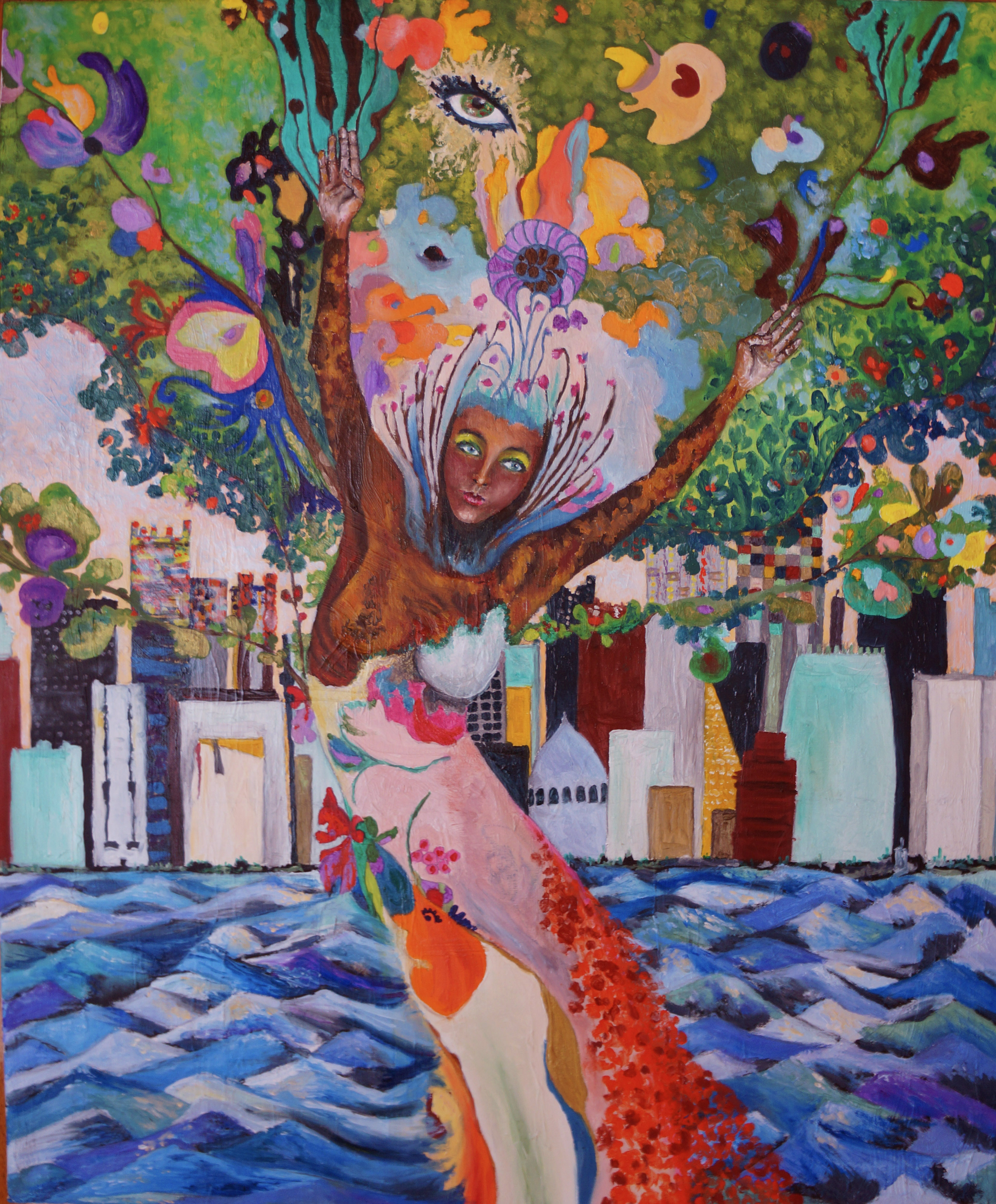 Surrealistic contemporary painting of a woman-tree in front of a city skyline.