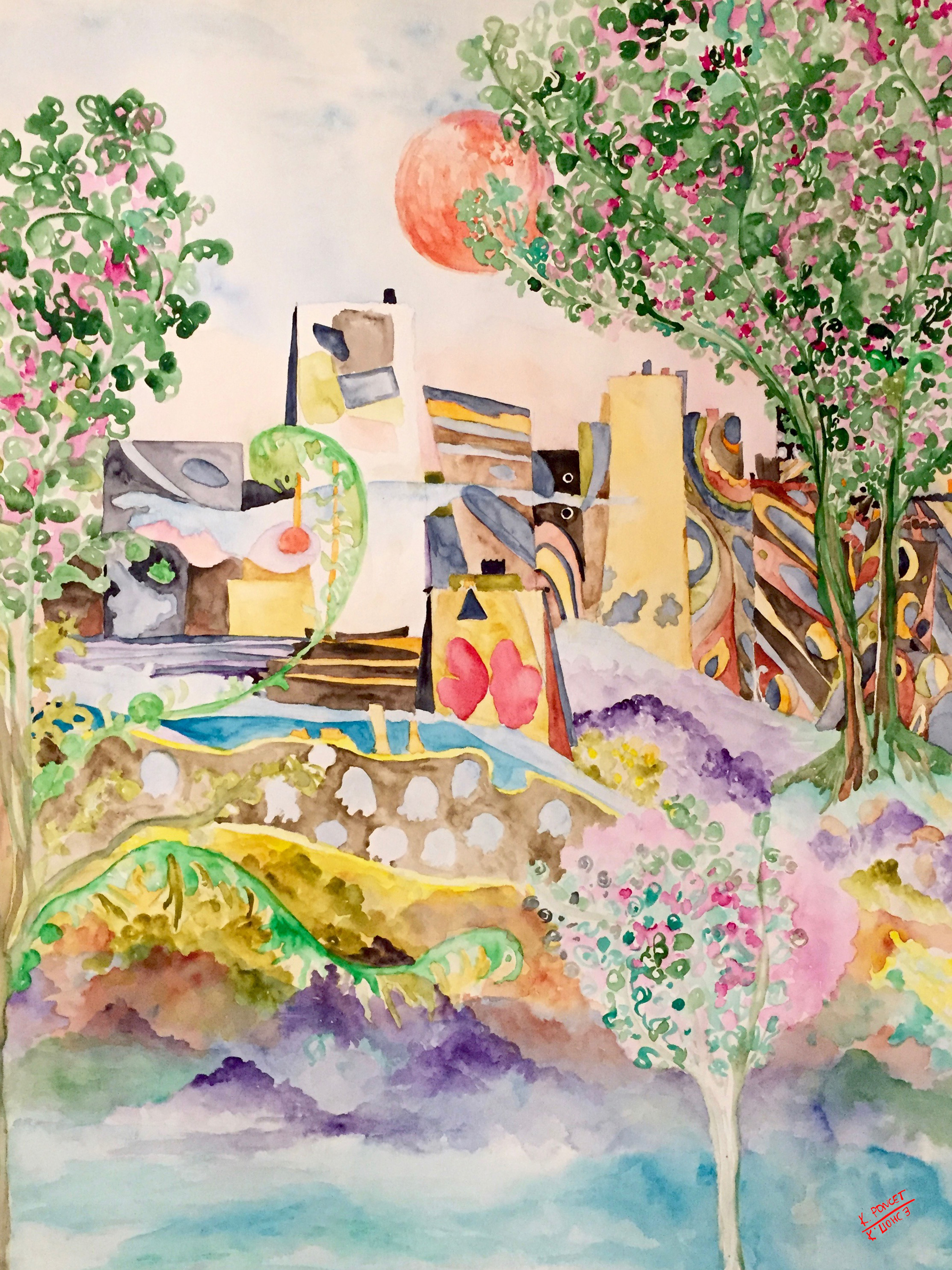 Surrealistic watercolour painting of Central Park in spring