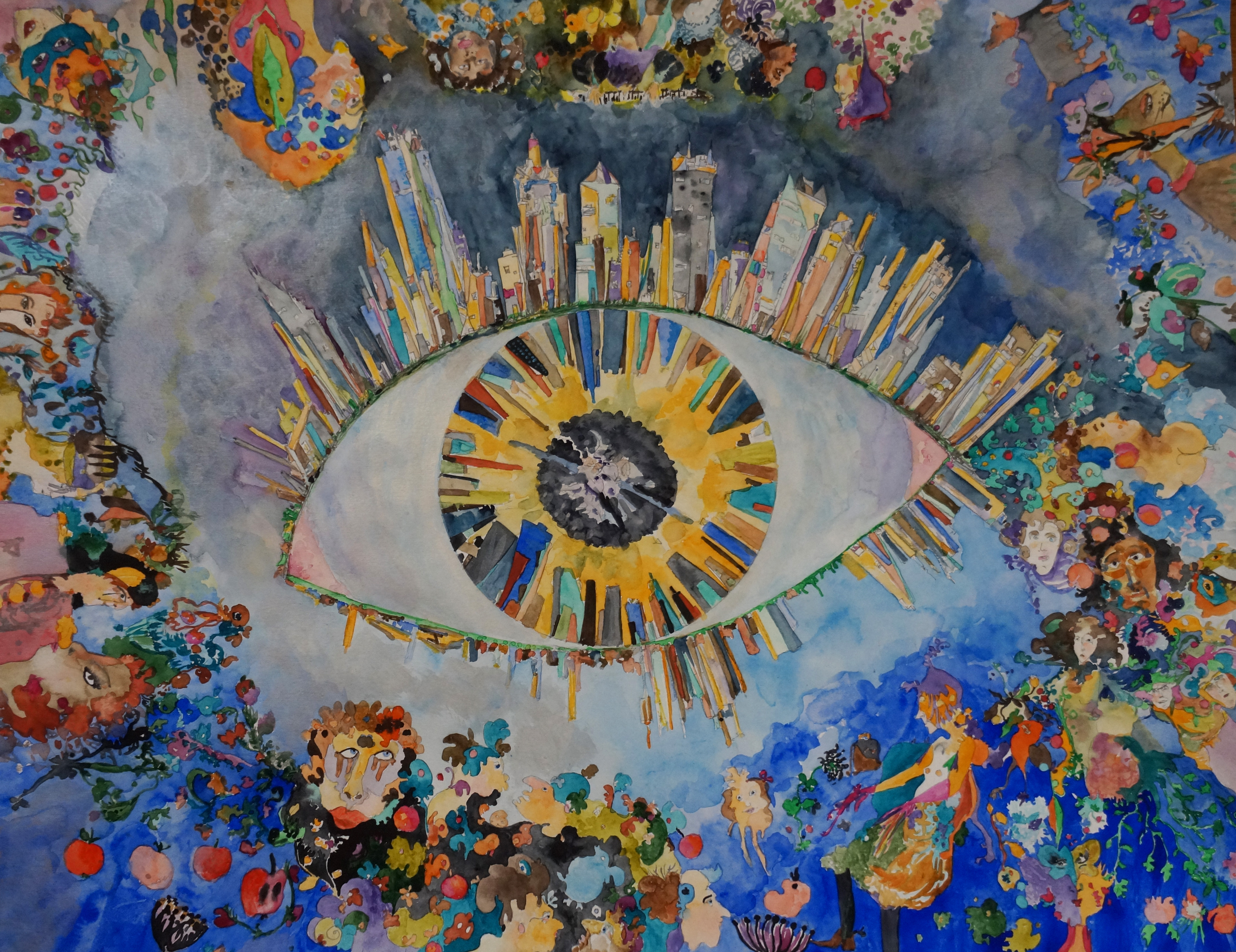 Surrealistic eye composed of water, people and high-rise buildings. 