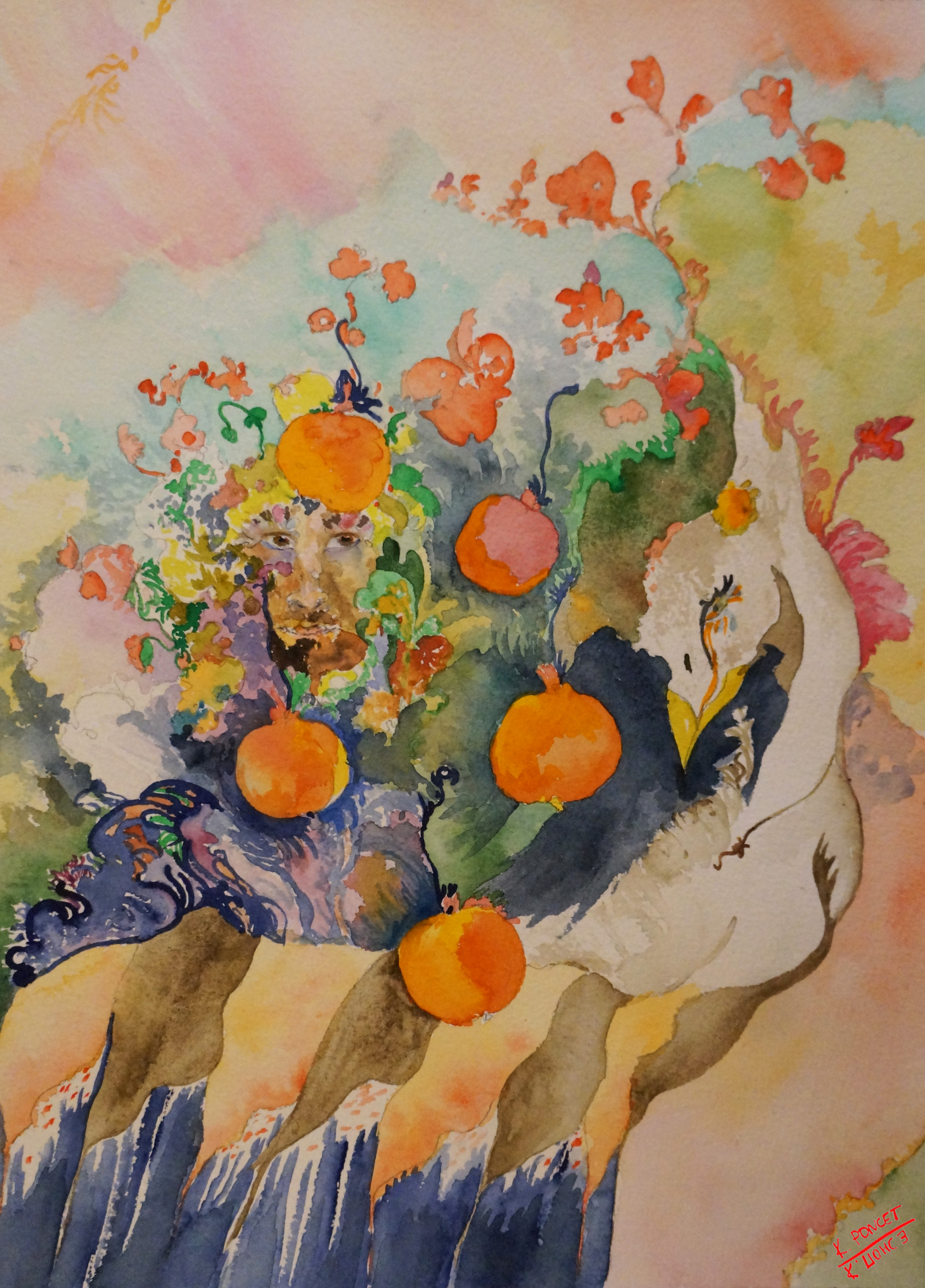Composition with swan, human face, pomegranates and flowers