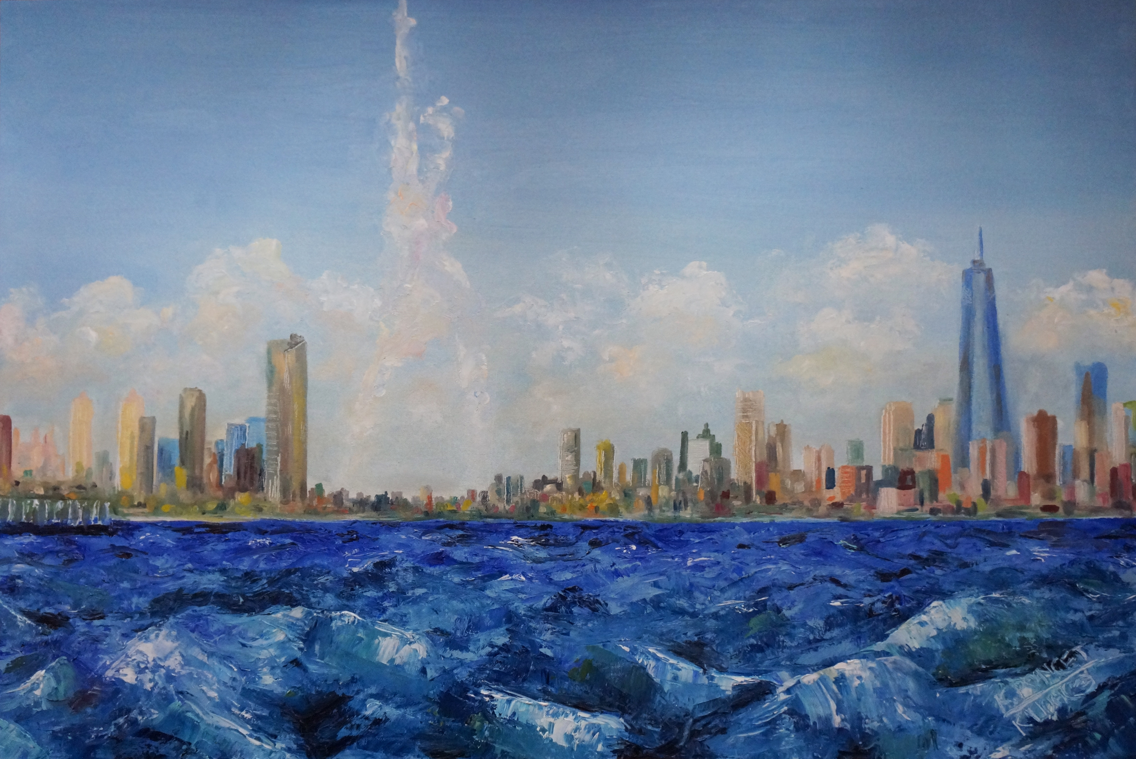 Contemporary oil painting representing a view of Manhattan from the sea with a cloud shaped as the statue of liberty. 