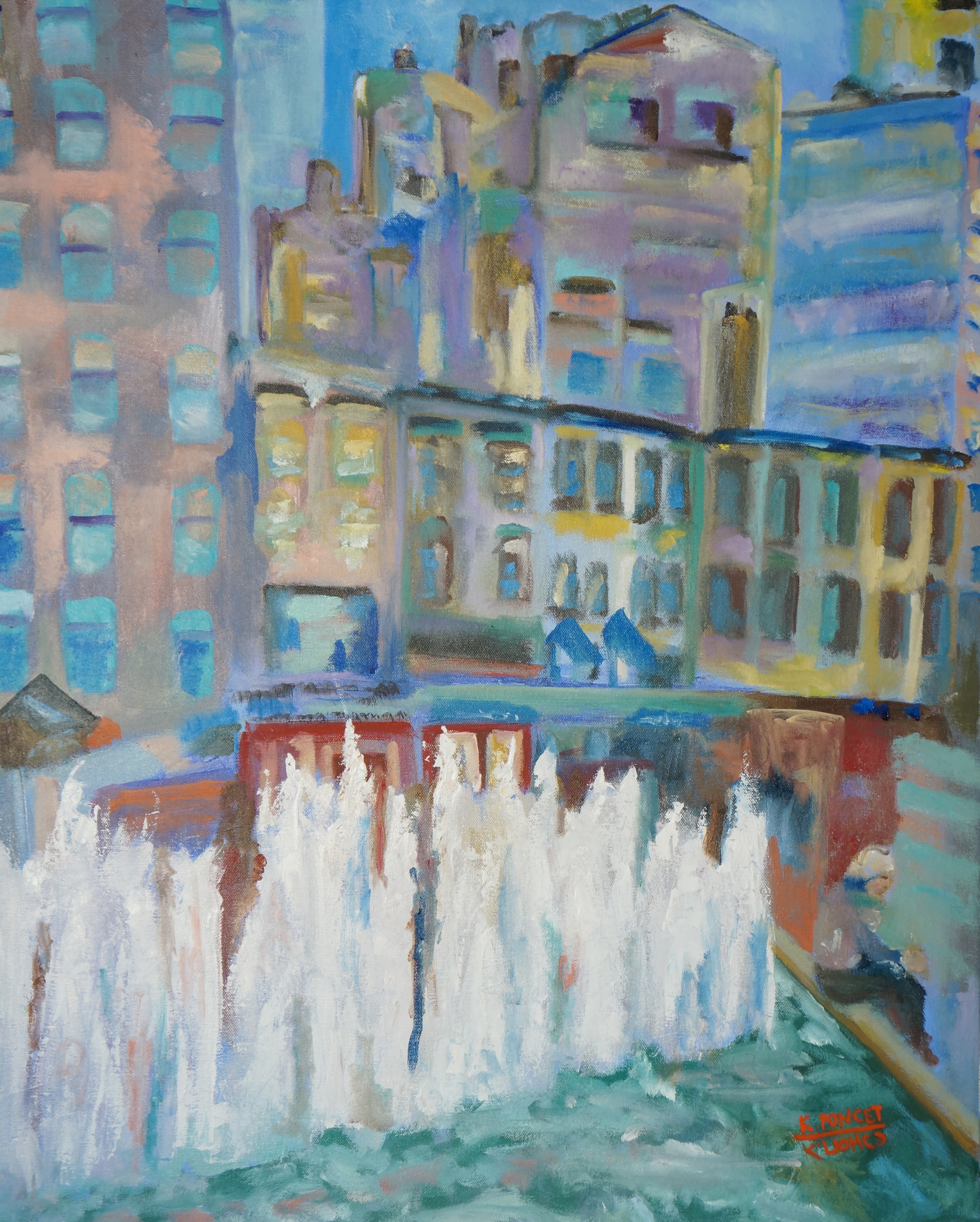Contemporary oil painting representing the fountain on the 57th street and Lexington avenue in New York.
