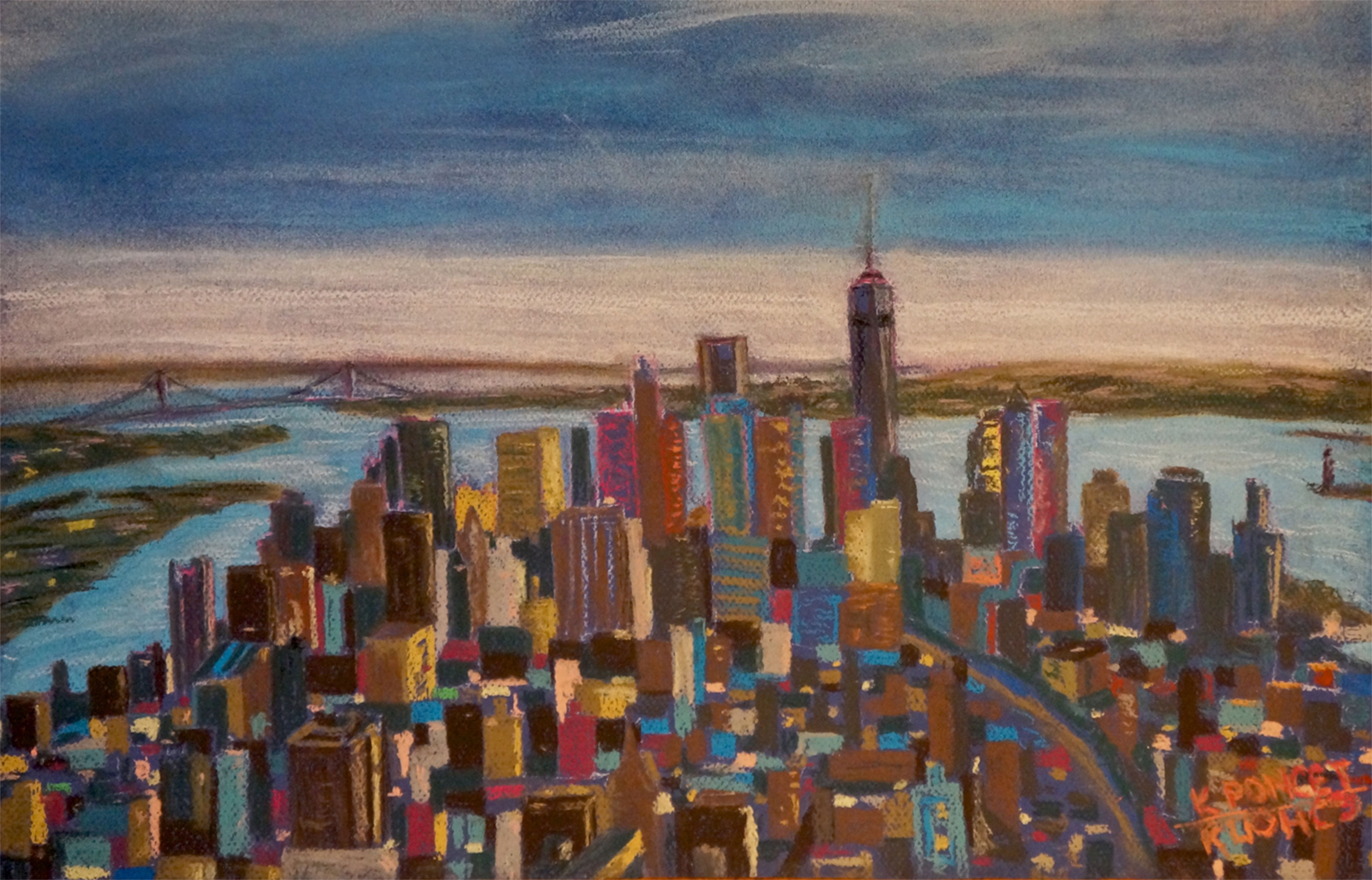 Manhattan downtown, view from a high-rise, pastel drawing