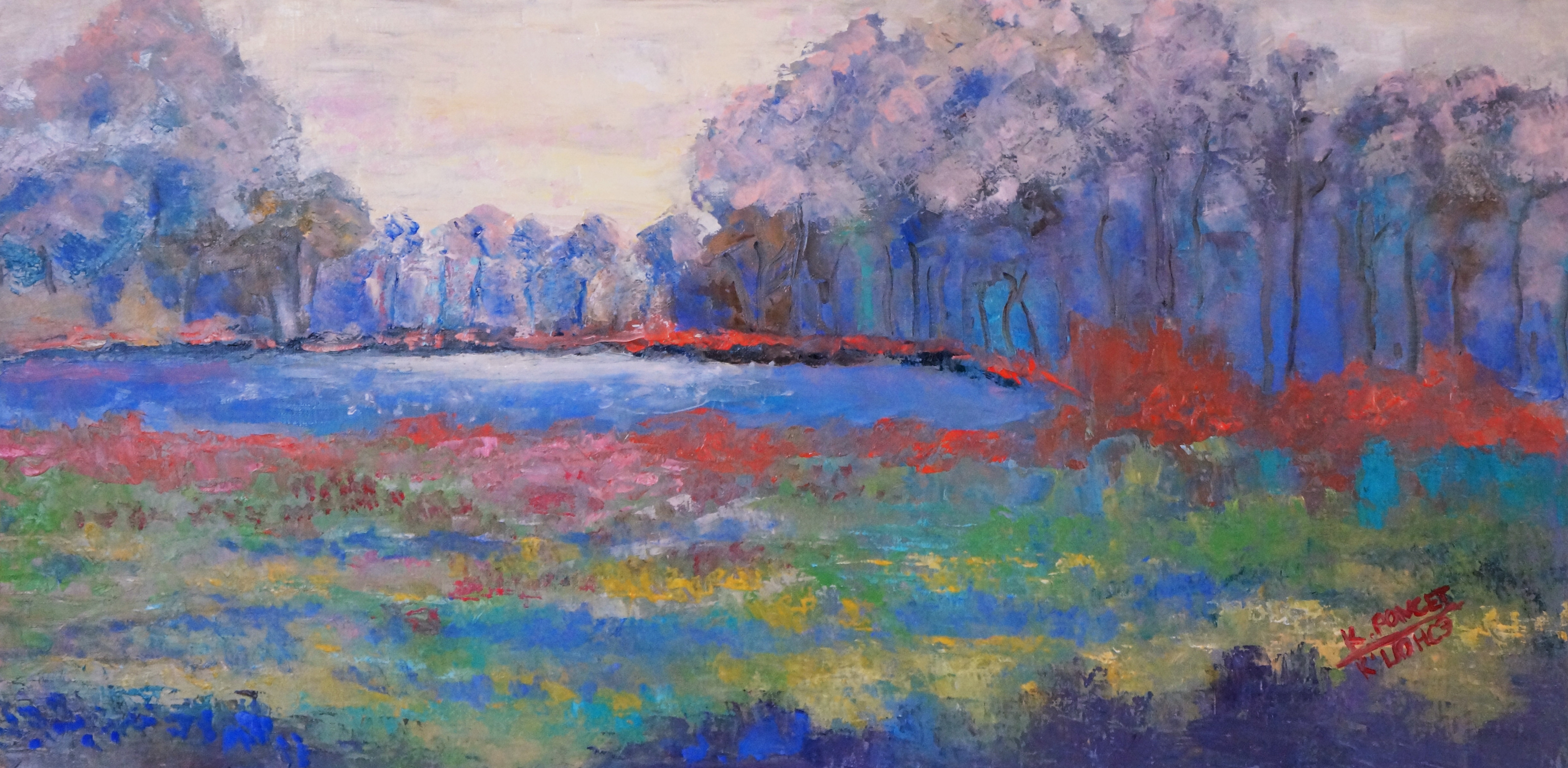 Oil painting depicting view of a pond in Central Park in New York in spring.