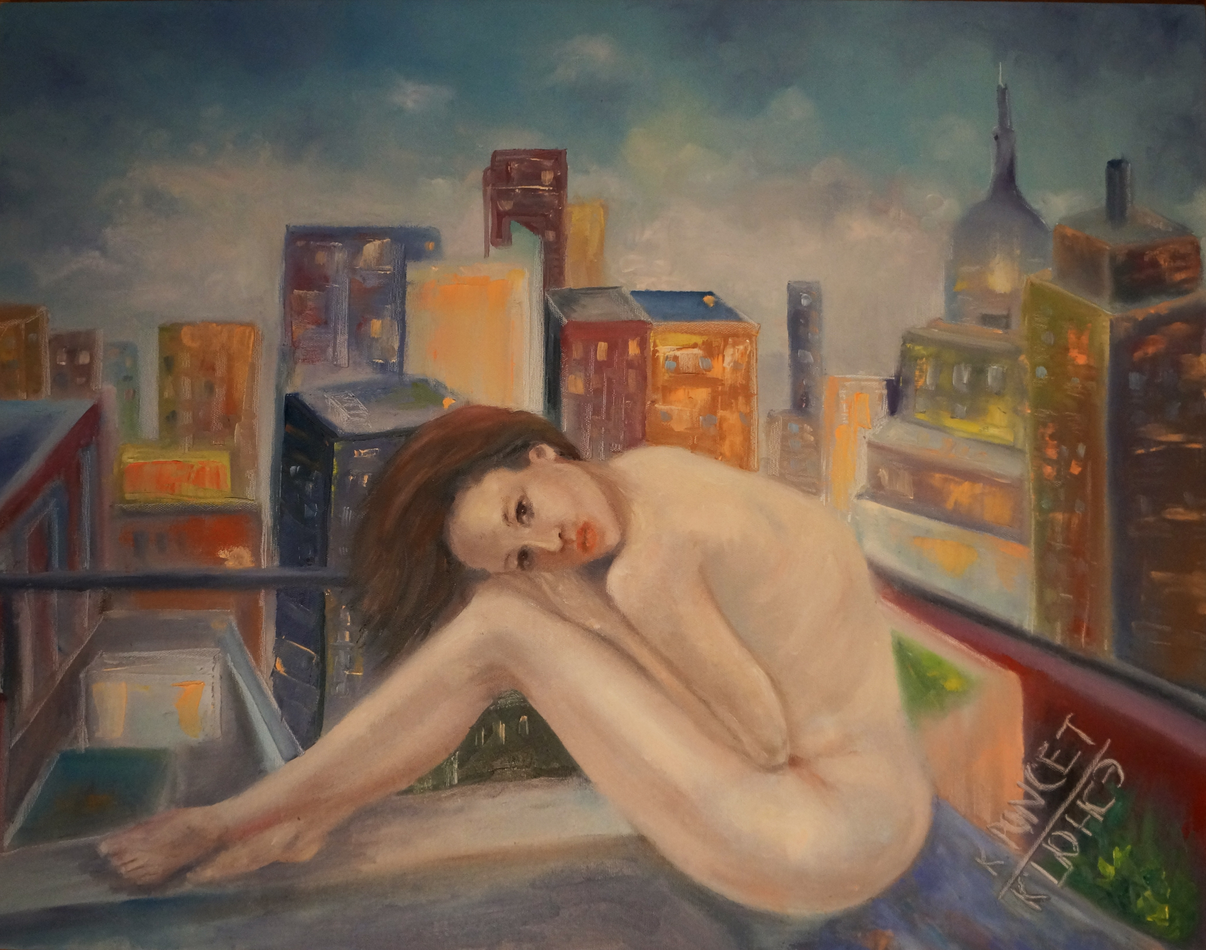 Oil painting of a girl sitting in a rooftop in Manhattan, New York.