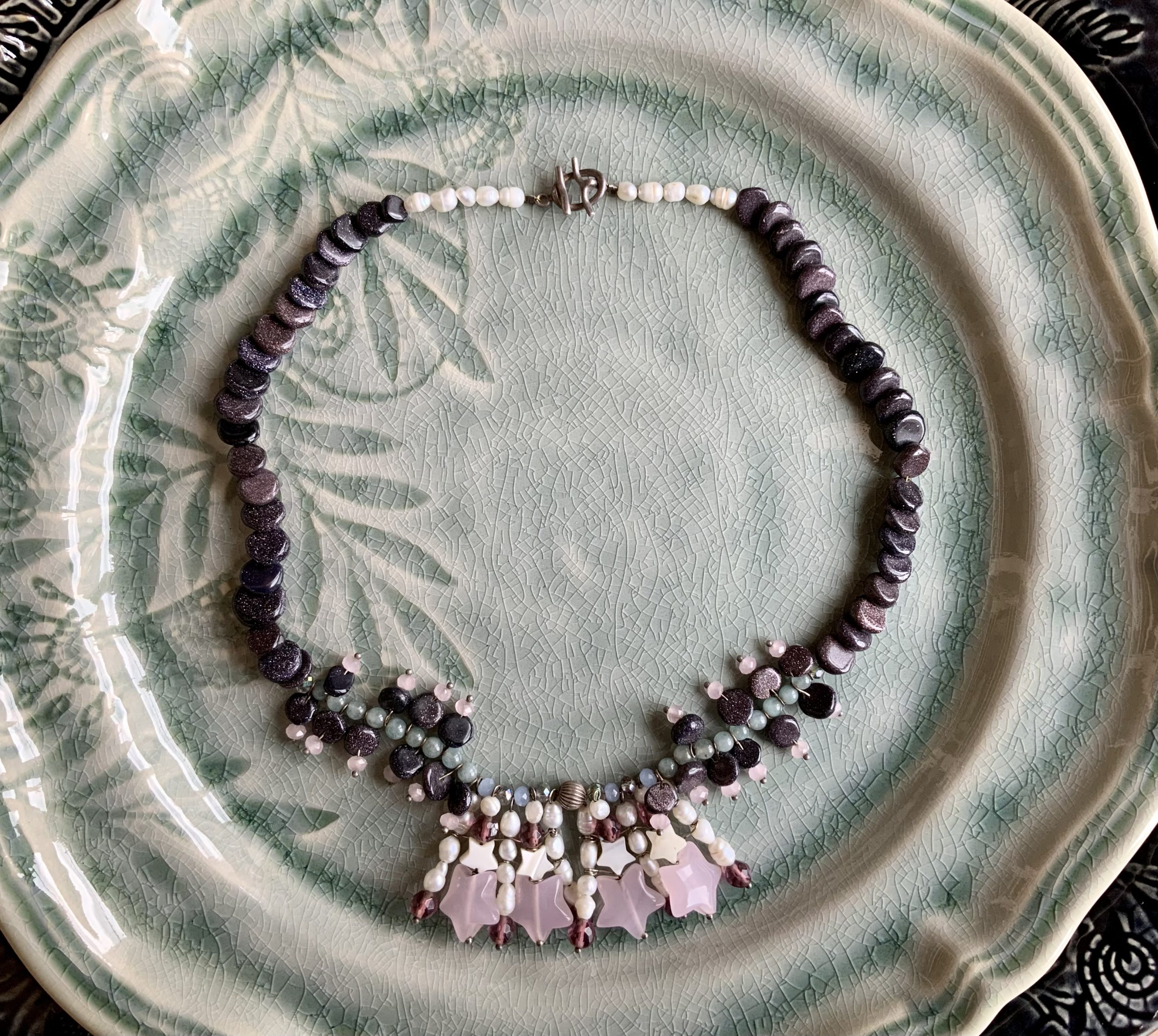 Purple gold stone, fresh water pearls, glass beads necklace